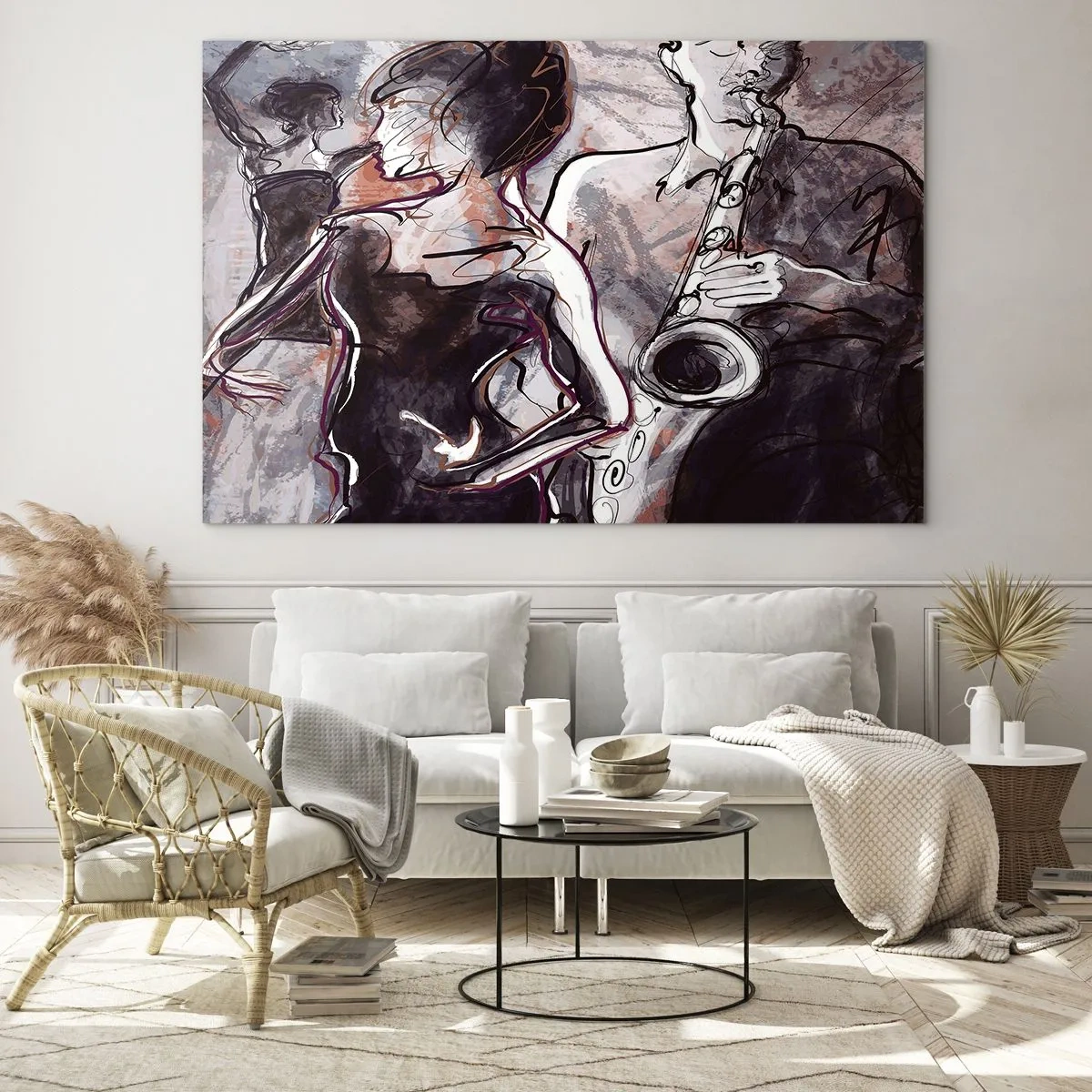 Glasbild - Bild auf glas - Tänzer und ein Saxophonist im künstlerischen Sketch-Stil - 120x80cm - In der Musik auflösen - Moderne Wanddekoration für Wohnzimmer und Schlafzimmer ARTTOR