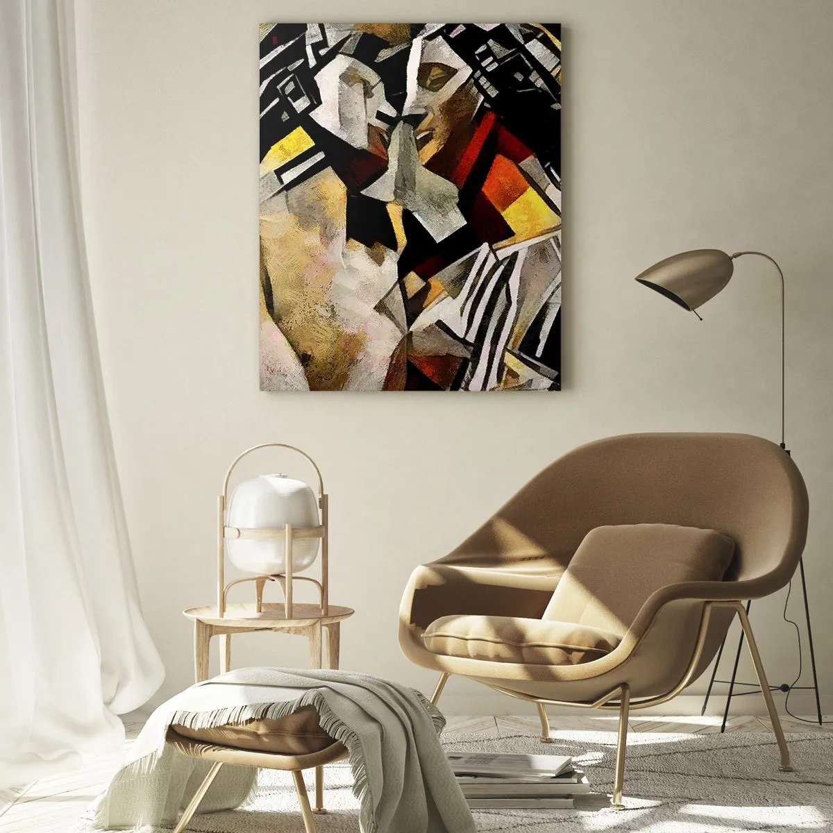 Glasbild - Bild auf glas - Abstraktes Paar in geometrischen Mustern - 50x70cm - Ein statuenhafter Kuss - Moderne Wanddekoration für Wohnzimmer und Schlafzimmer ARTTOR