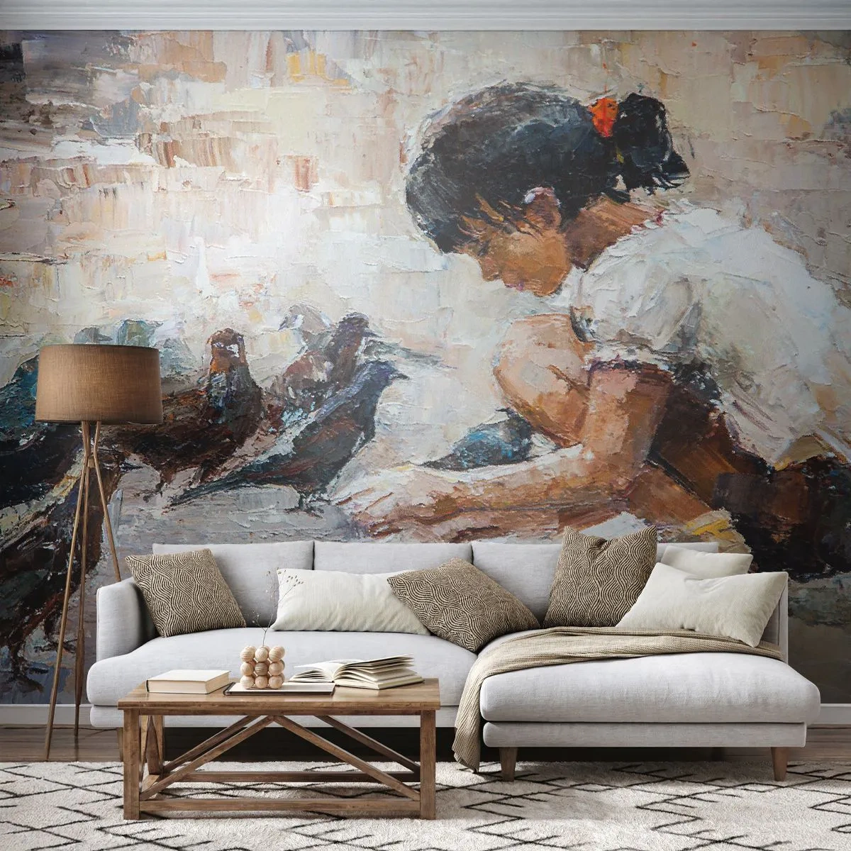 Fototapete Premium Sand - Ein Bild von einem Mädchen, das Vögel füttert - 100x70cm - Die Kleinen und die Schönsten - Moderne Wanddekoration für Wohnzimmer und Schlafzimmer ARTTOR