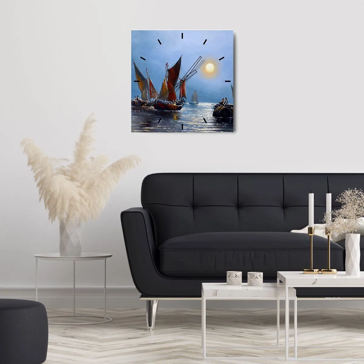 Wanduhr - Glasuhr - Boote mit Segeln auf ruhigem Wasser bei Sonnenuntergang - 30x30cm - Nachtfang - Moderne Wanddekoration für Wohnzimmer und Schlafzimmer ARTTOR