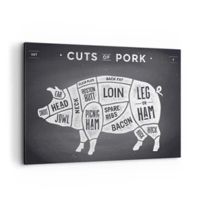 Bild auf Leinwand - Leinwandbild - Diagramm von Schweinefleischstücken auf schwarzem Hintergrund - 100x70cm - Metzger Grundierung - Moderne Wanddekoration für Wohnzimmer und Schlafzimmer ARTTOR