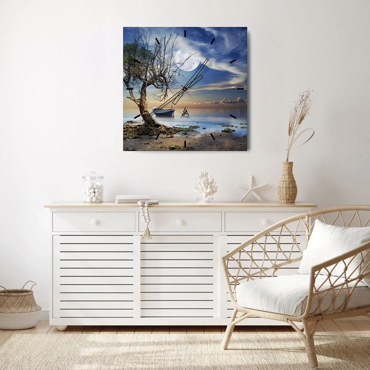 Wanduhr - Glasuhr - Ein einsamer Baum und ein Boot auf ruhigem Wasser unter Vollmond. - 30x30cm - Ist das das Ende oder der Anfang? - Moderne Wanddekoration für Wohnzimmer und Schlafzimmer ARTTOR
