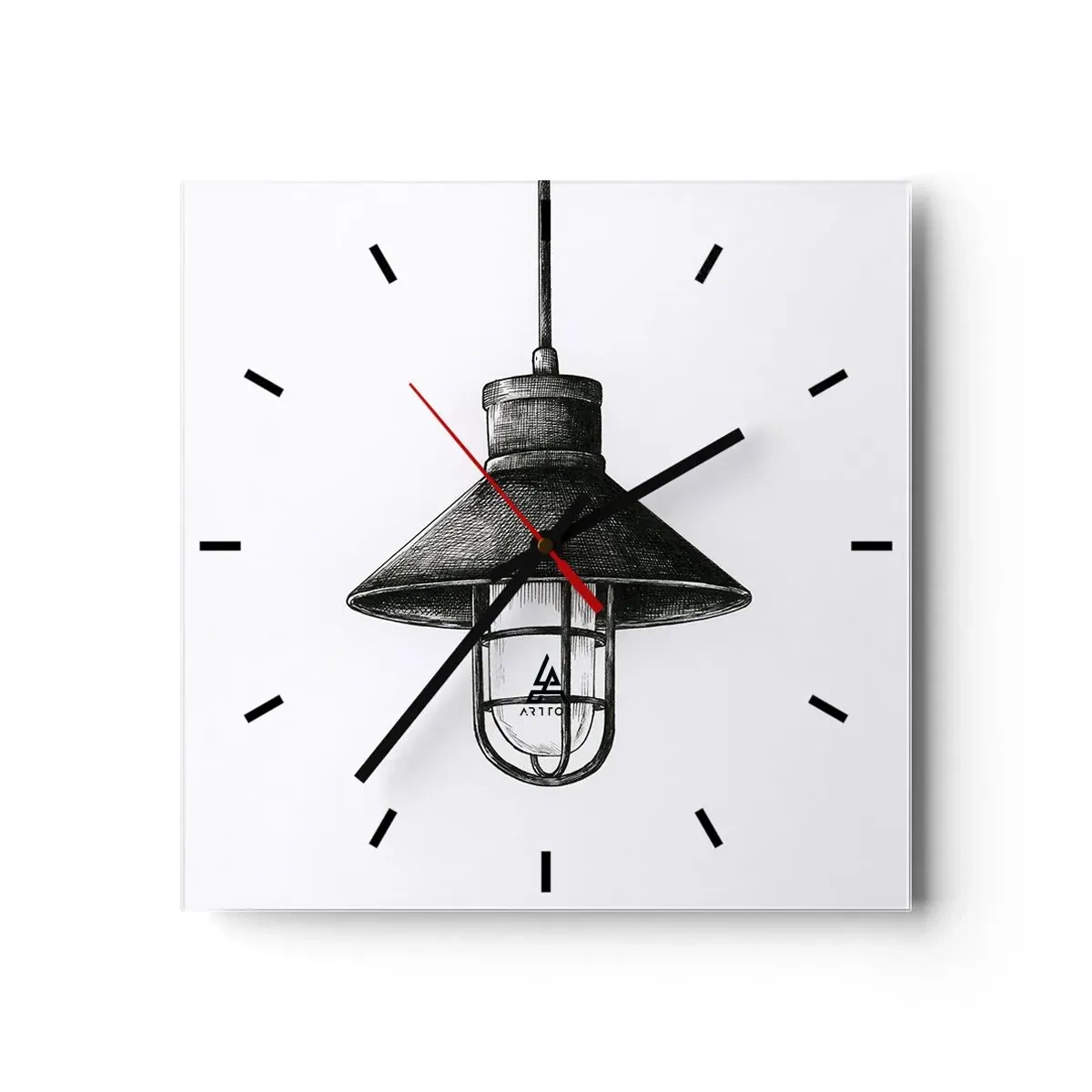 Wanduhr - Glasuhr - Zeichnung einer Retro-Hängelampe auf weißem Hintergrund - 30x30cm - Wie vor Jahren… - Moderne Wanddekoration für Wohnzimmer und Schlafzimmer ARTTOR