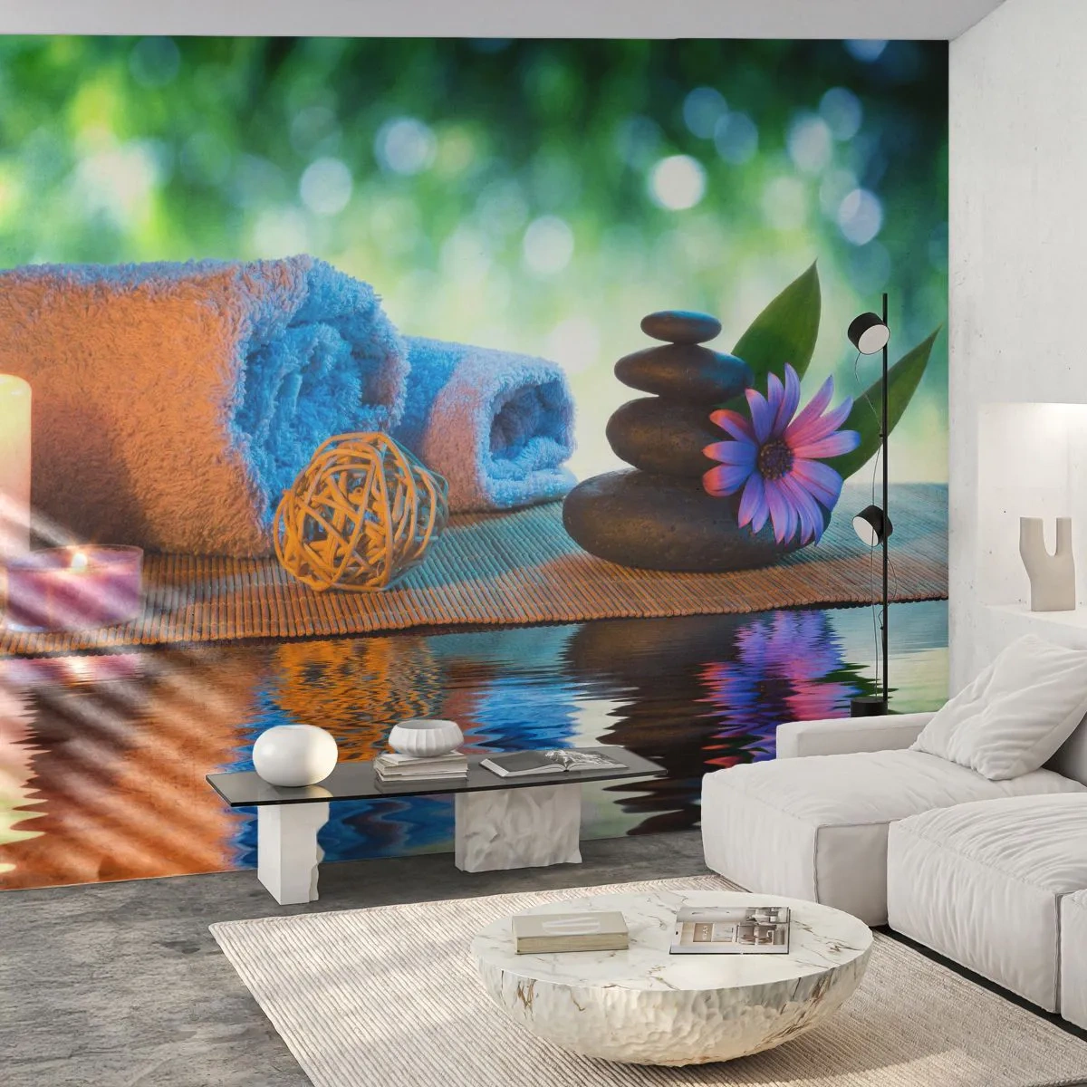 Fototapete Premium Canvas - Entspannendes SPA-Set mit Handtüchern, Kerzen und Steinen - 100x70cm - Zeit für den Körper - Moderne Wanddekoration für Wohnzimmer und Schlafzimmer ARTTOR