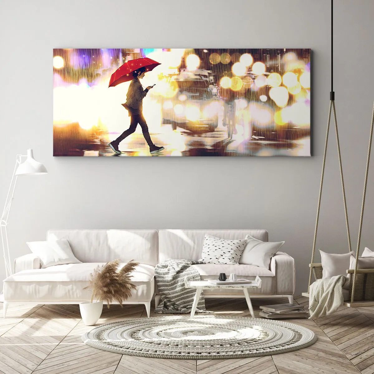Bild auf Leinwand - Leinwandbild - Eine Figur mit einem roten Regenschirm auf der Straße im Regen - 120x50cm - Und doch sonnig - Moderne Wanddekoration für Wohnzimmer und Schlafzimmer ARTTOR