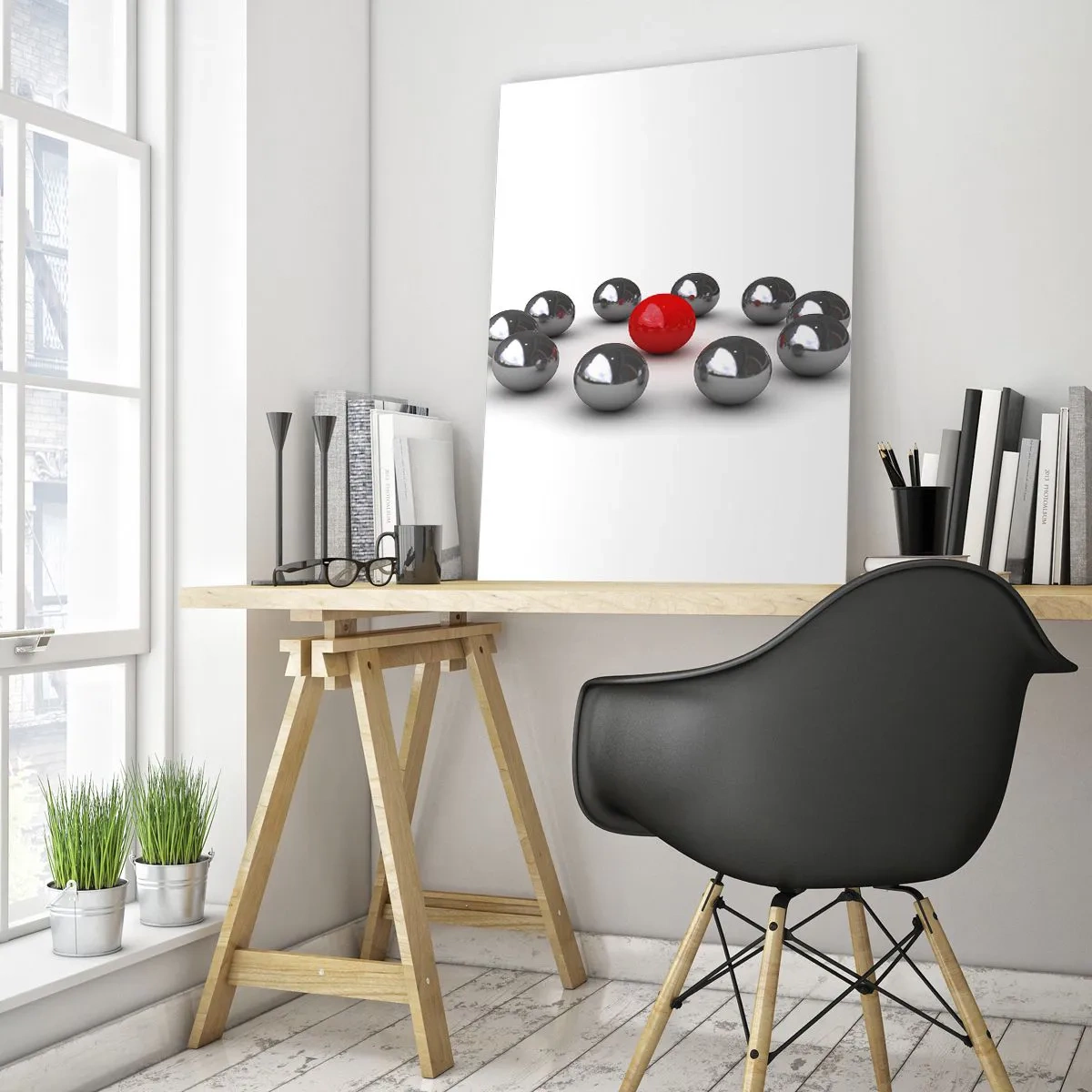 Glasbild - Bild auf glas - Eine rote Kugel, umgeben von silbernen Kugeln auf weißem Hintergrund - 70x100cm - Ein Kreis in Silber und Rot - Moderne Wanddekoration für Wohnzimmer und Schlafzimmer ARTTOR