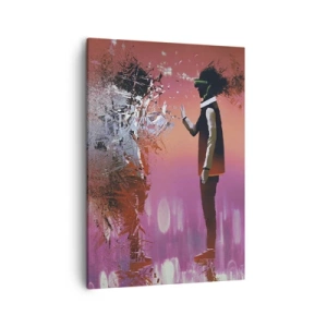 Bild auf Leinwand - Leinwandbild - Eine abstrakte Szene mit einer futuristischen Figur und verstreuten Elementen. - 50x70cm - Kannst du dich selbst anschauen? - Moderne Wanddekoration für Wohnzimmer und Schlafzimmer ARTTOR