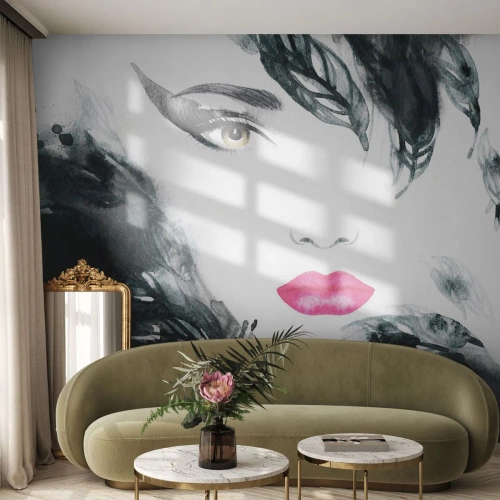 Selbstklebende Fototapete Deluxe Sticker - Beachtung! Femme fatale - Abstraktion, Das Gesicht einer Frau, Porträt einer Frau - 400x280 cm