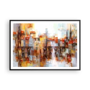 Poster in einem schwarzem Rahmen - Ein malerisches Panorama der Stadt mit einer Brücke in Herbstfarben - 100x70cm - Schön ist es auch unter der Brücke - Moderne Wanddekoration für Wohnzimmer und Schlafzimmer ARTTOR