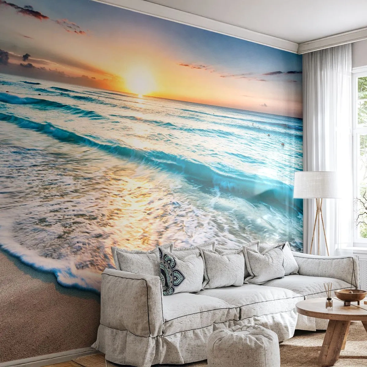 Fototapete Premium Sand - Meeresufer bei Sonnenaufgang mit sanften Wellen - 100x70cm - Ein Blick lohnt sich - Moderne Wanddekoration für Wohnzimmer und Schlafzimmer ARTTOR