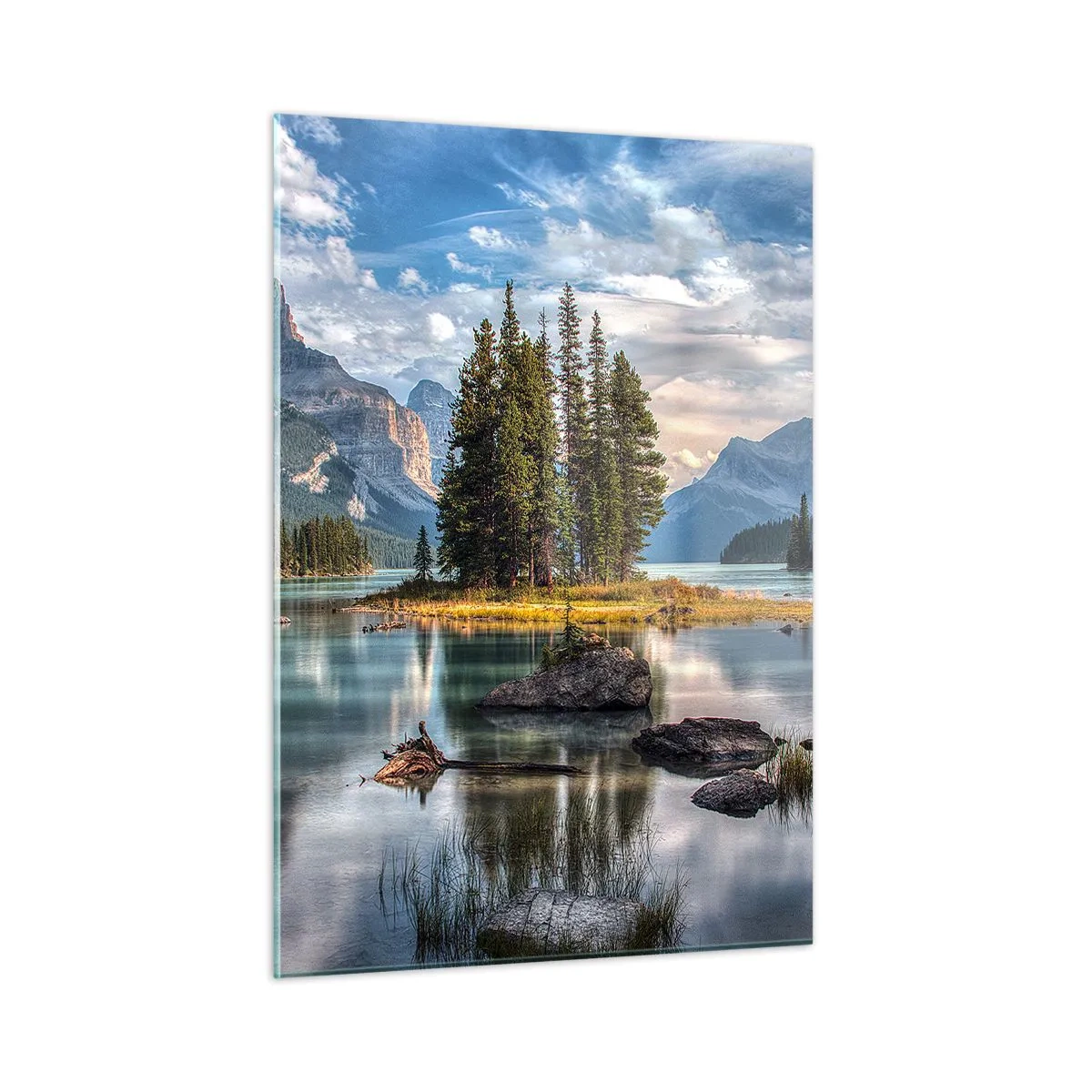 Glasbild - Bild auf glas - Ein malerischer See mit einer Insel und Bergen im Hintergrund - 50x70cm - An dem tollen und sauberen Wasser ... - Moderne Wanddekoration für Wohnzimmer und Schlafzimmer ARTTOR