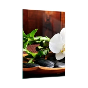 Glasbild - Bild auf glas - Weiße Orchidee mit Bambus vor einem Steinhintergrund im Zen-Stil - 80x120cm - Geben Sie sich dem Hauch der Natur hin - Moderne Wanddekoration für Wohnzimmer und Schlafzimmer ARTTOR