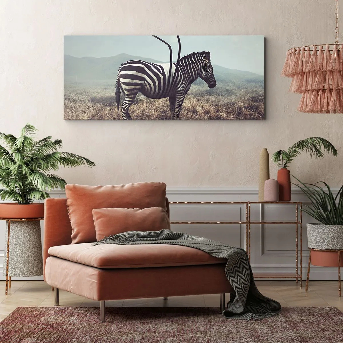 Bild auf Leinwand - Leinwandbild - Ein surreales Zebra vor einer grasbewachsenen Landschaft - 140x50cm - Achtung! Fehler - Moderne Wanddekoration für Wohnzimmer und Schlafzimmer ARTTOR