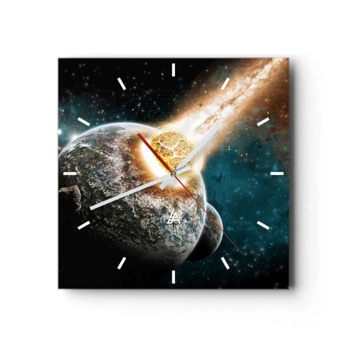Wanduhr - Glasuhr - Kosmische Kollision eines Planeten mit einem Asteroiden in der Nähe der Galaxie. - 30x30cm - Holocaust oder Geburt? - Moderne Wanddekoration für Wohnzimmer und Schlafzimmer ARTTOR