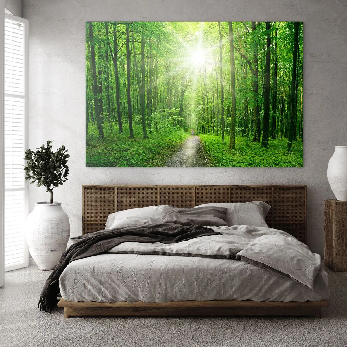 Glasbild - Bild auf glas - Ein von den Sonnenstrahlen beleuchteter Waldweg - 70x50cm - Die grüne Kathedrale - Moderne Wanddekoration für Wohnzimmer und Schlafzimmer ARTTOR