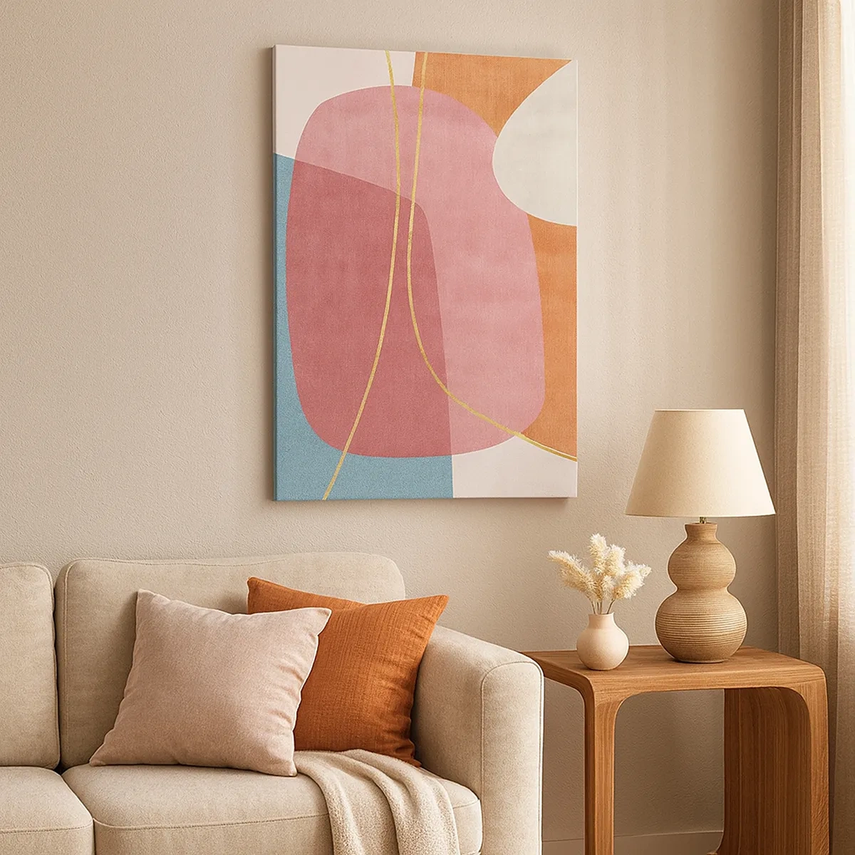 Bild auf Leinwand - Leinwandbild - Abstrakte Formen in Pastellfarben mit zarten Linien - 50x70cm - Pastellkomposition mit Goldfaden - Moderne Wanddekoration für Wohnzimmer und Schlafzimmer ARTTOR