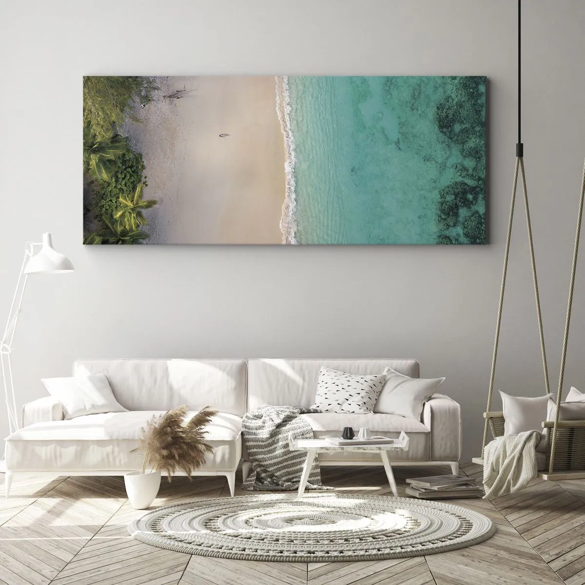 Bild auf Leinwand - Leinwandbild - Luftaufnahme eines tropischen Strandes mit türkisfarbenem Wasser - 120x50cm - Paradiesstrand - Moderne Wanddekoration für Wohnzimmer und Schlafzimmer ARTTOR