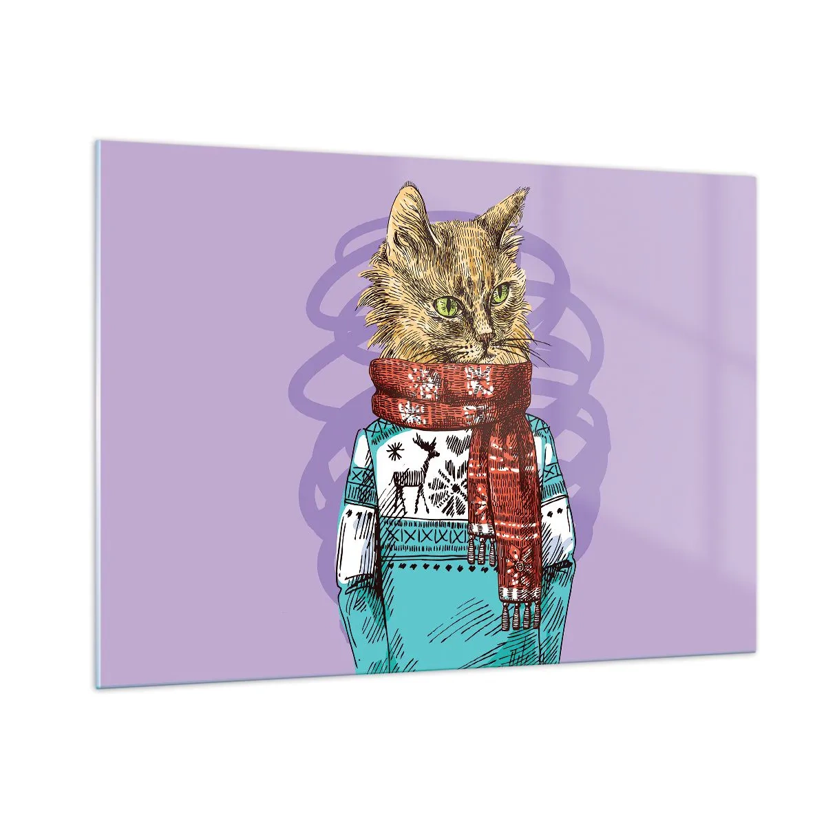 Glasbild - Bild auf glas - Eine Katze in Pullover und Schal auf violettem Hintergrund - 100x70cm - Die Katze nicht nur in Schuhen - Moderne Wanddekoration für Wohnzimmer und Schlafzimmer ARTTOR