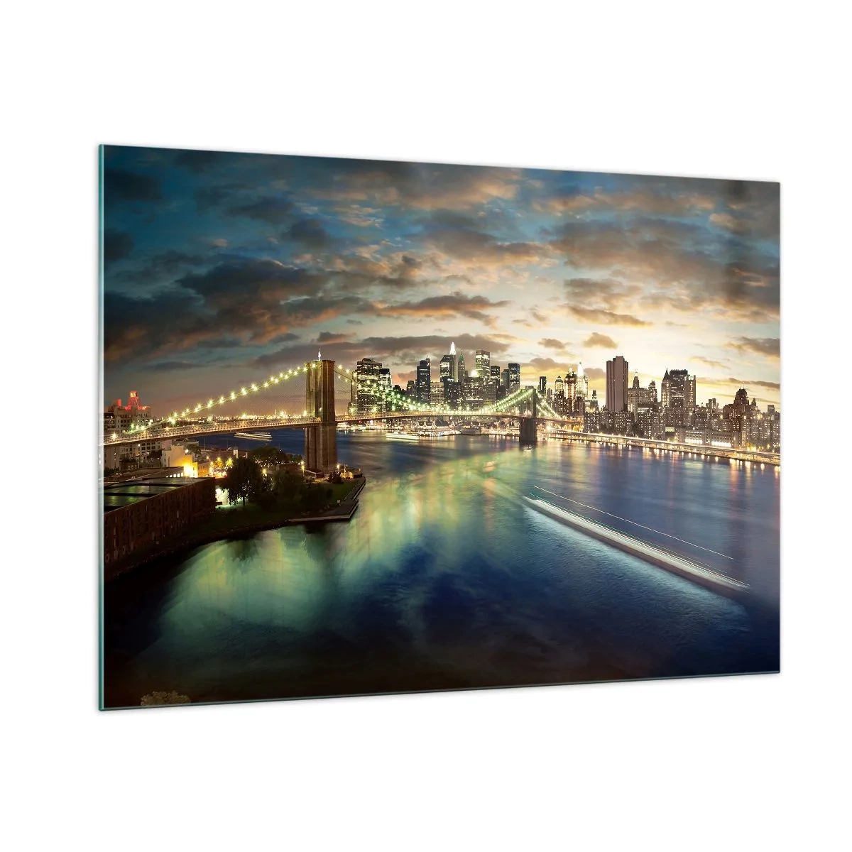 Glasbild - Bild auf glas - Blick auf die Brücke und die Stadt bei Sonnenuntergang - 100x70cm - Ein heller Abend über Manhattan - Moderne Wanddekoration für Wohnzimmer und Schlafzimmer ARTTOR