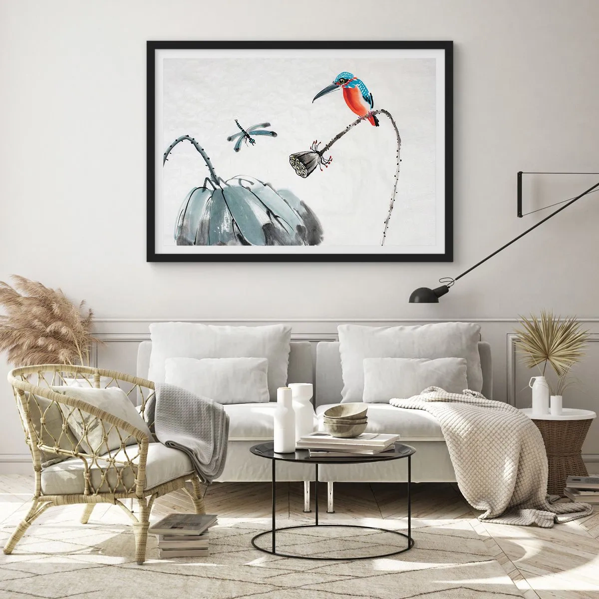Poster in einem schwarzem Rahmen - Ein bunter Vogel vor einem Hintergrund aus Vegetation und einer Libelle - 70x50cm - Das Leben der Wiese - Moderne Wanddekoration für Wohnzimmer und Schlafzimmer ARTTOR