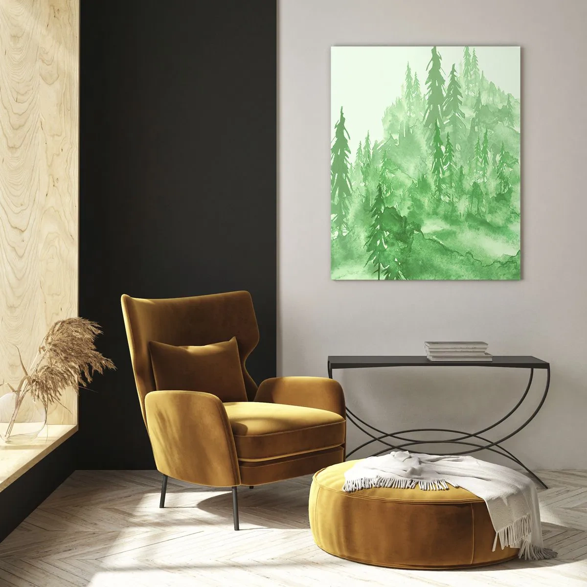 Glasbild - Bild auf glas - Grüner Wald im Aquarellstil auf hellem Hintergrund - 80x120cm - Verschwommen mit grünem Nebel - Moderne Wanddekoration für Wohnzimmer und Schlafzimmer ARTTOR