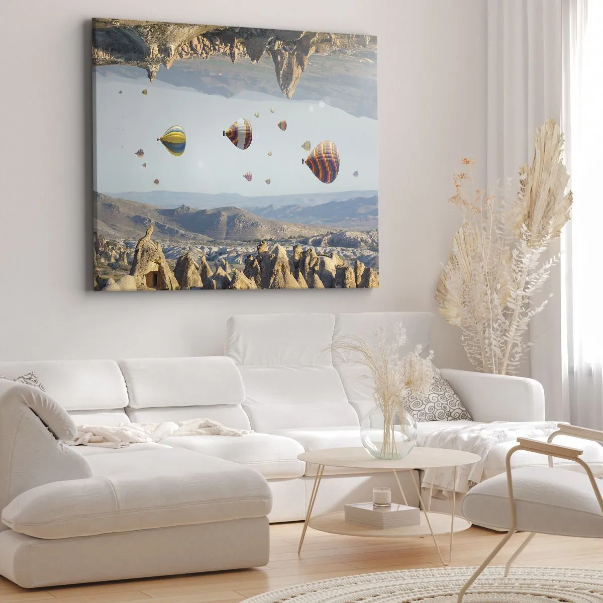 Bild auf Leinwand - Leinwandbild - Bunte Ballons über einer felsigen Landschaft - 120x80cm - Hier ist alles möglich - Moderne Wanddekoration für Wohnzimmer und Schlafzimmer ARTTOR