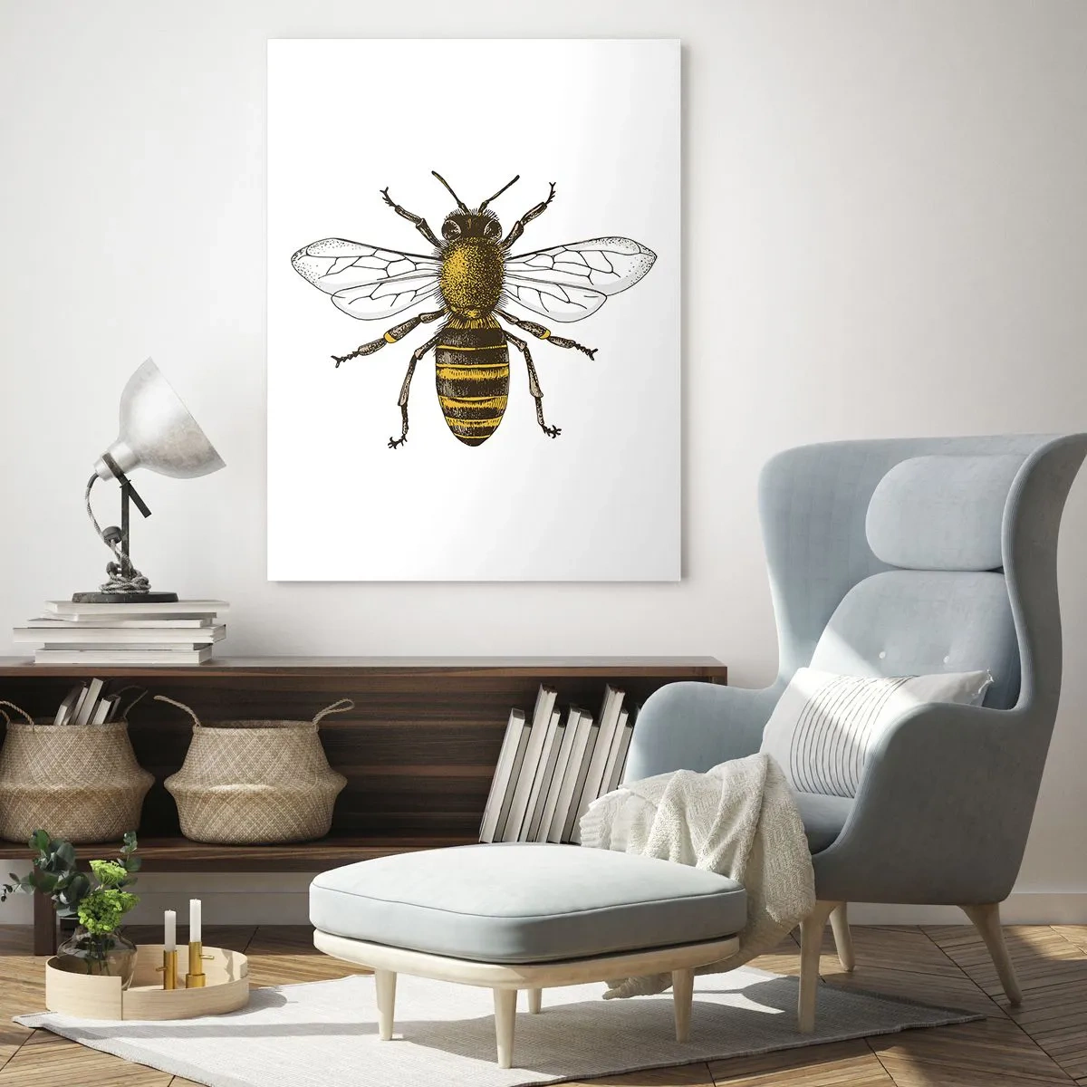 Glasbild - Bild auf glas - Detaillierte Darstellung einer Biene auf weißem Hintergrund - 70x100cm - Schön und gut - Moderne Wanddekoration für Wohnzimmer und Schlafzimmer ARTTOR