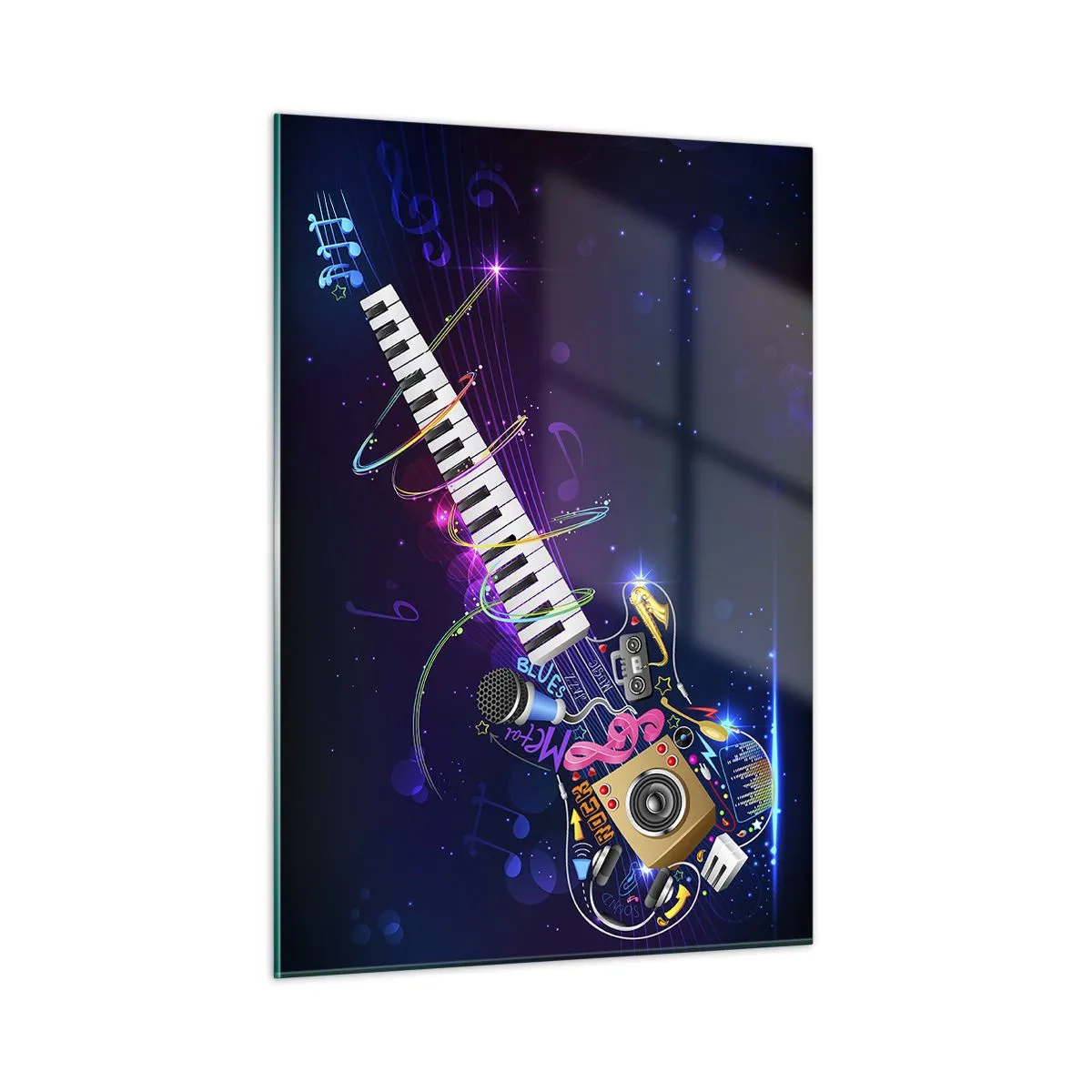 Glasbild - Bild auf glas - Bunte Musikkomposition mit Instrumenten und Noten - 50x70cm - Und alles ist gut - Moderne Wanddekoration für Wohnzimmer und Schlafzimmer ARTTOR