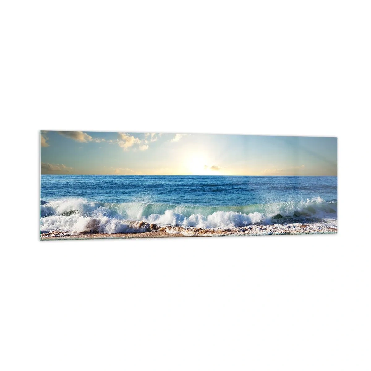 Glasbild - Bild auf glas - Ein sonniger Strand mit Wellen, die an die Küste krachen - 160x50cm - Bewegung und Stille zugleich - Moderne Wanddekoration für Wohnzimmer und Schlafzimmer ARTTOR