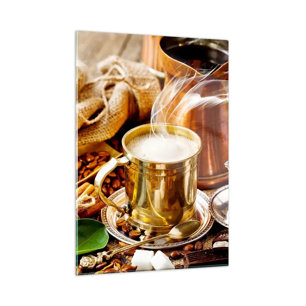 Glasbild - Bild auf glas - Eine goldene Tasse Kaffee mit Milch, umgeben von Körnern und Croissants - 50x70cm - Schönen Tag noch! - Moderne Wanddekoration für Wohnzimmer und Schlafzimmer ARTTOR
