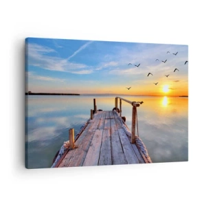 Bild auf Leinwand - Leinwandbild - Holzsteg bei Sonnenuntergang auf einem ruhigen See - 70x50cm - Lauf direkt der Sonne entgegen - Moderne Wanddekoration für Wohnzimmer und Schlafzimmer ARTTOR
