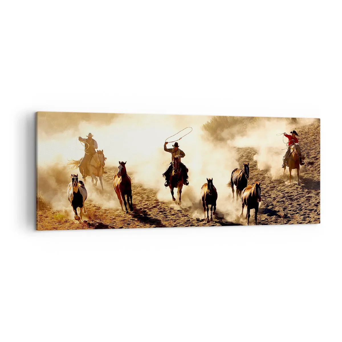 Bild auf Leinwand - Leinwandbild - Cowboys zu Pferd in Aktion im Wüstengelände - 140x50cm - Wirklich wilder Westen - Moderne Wanddekoration für Wohnzimmer und Schlafzimmer ARTTOR