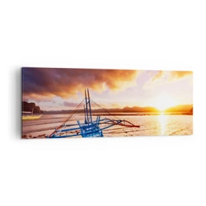 Bild auf Leinwand - Leinwandbild - Blaues Boot am Strand bei Sonnenuntergang - 140x50cm - Nach einem Tag sich im Sand ausstrecken - Moderne Wanddekoration für Wohnzimmer und Schlafzimmer ARTTOR