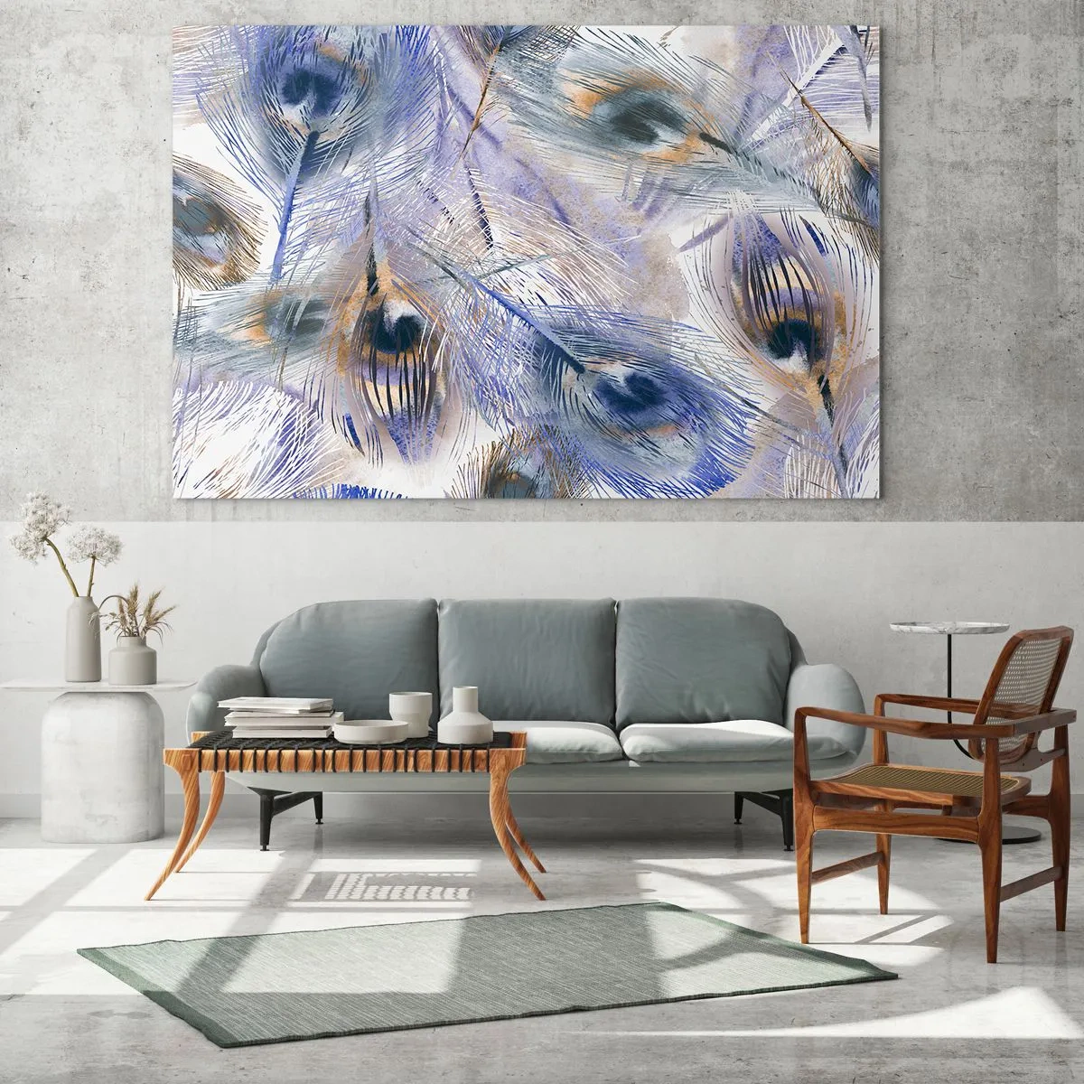 Glasbild - Bild auf glas - Zarte Pfauenfedern in Blau- und Brauntönen - 100x70cm - Pfau-Komposition - Moderne Wanddekoration für Wohnzimmer und Schlafzimmer ARTTOR