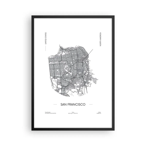 Poster in einem schwarzem Rahmen - Eine minimalistische Karte von San Francisco in Schwarzweiß. - 50x70cm - Anatomie von San Francisco - Moderne Wanddekoration für Wohnzimmer und Schlafzimmer ARTTOR