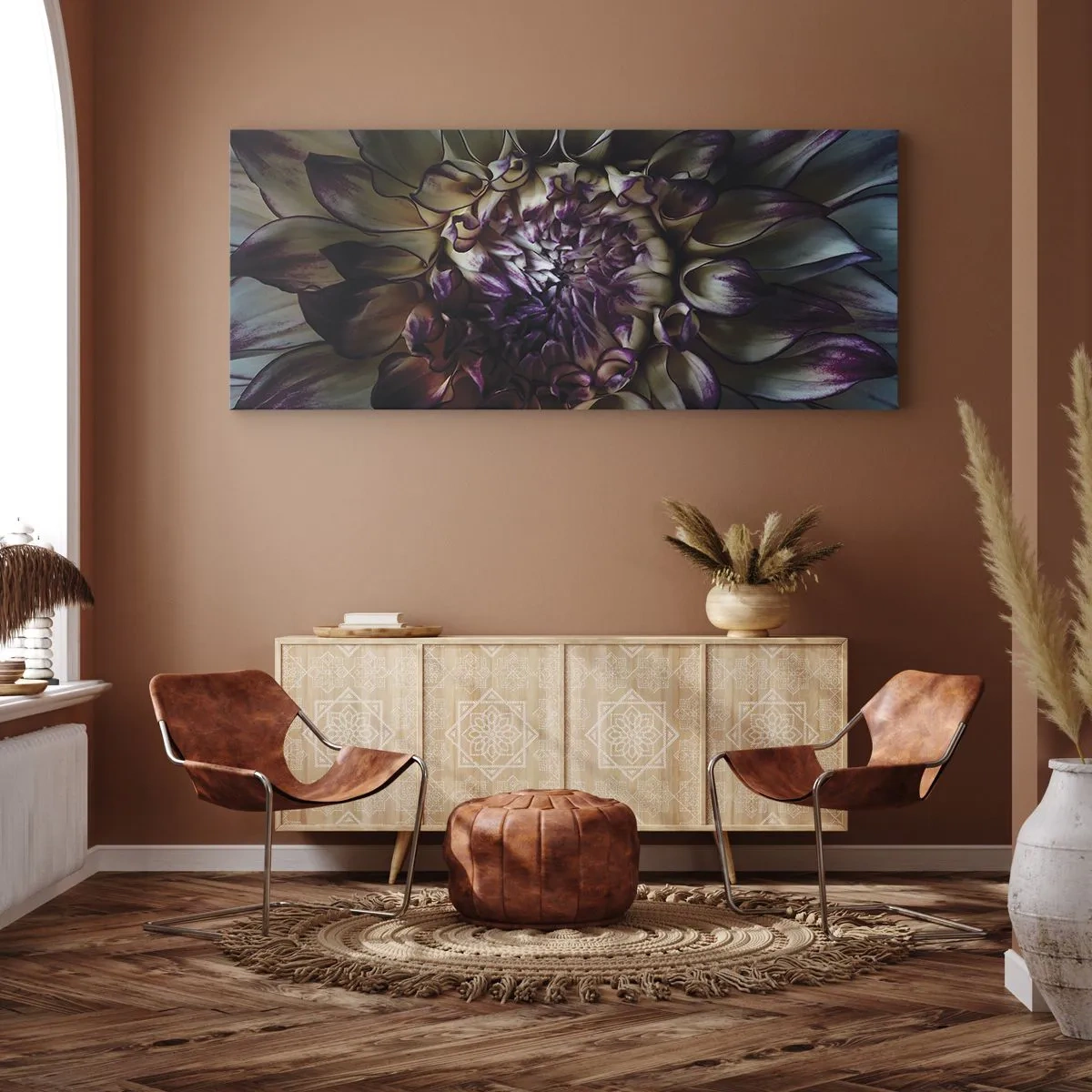 Bild auf Leinwand - Leinwandbild - Nahaufnahme einer Dahlienblüte in dunklen Tönen - 140x50cm - Die Blütezeit der Jugend - Moderne Wanddekoration für Wohnzimmer und Schlafzimmer ARTTOR