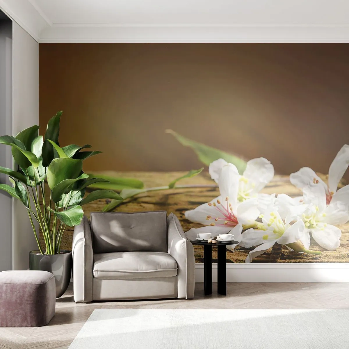 Fototapete Standard Eco - Weiße Blumen auf einer Holzoberfläche - 100x70cm - Ein unschuldiges Versprechen - Moderne Wanddekoration für Wohnzimmer und Schlafzimmer ARTTOR