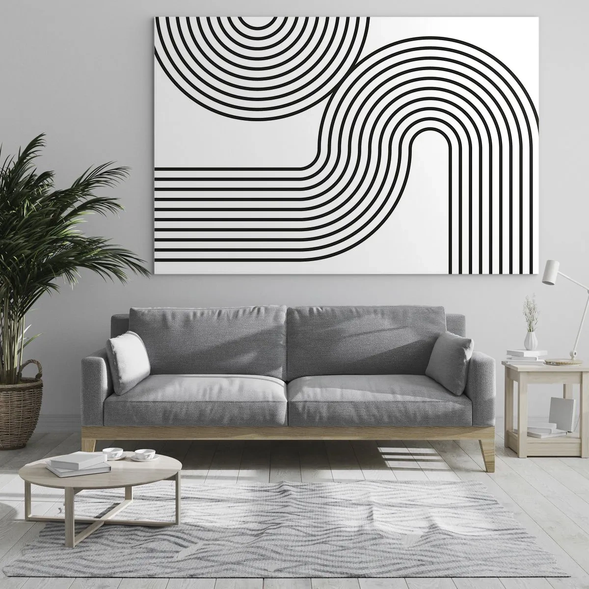 Glasbild - Bild auf glas - Schwarz-Weiß-Grafiken mit geschwungenen parallelen Linien - 70x50cm - An der Kurve - Moderne Wanddekoration für Wohnzimmer und Schlafzimmer ARTTOR