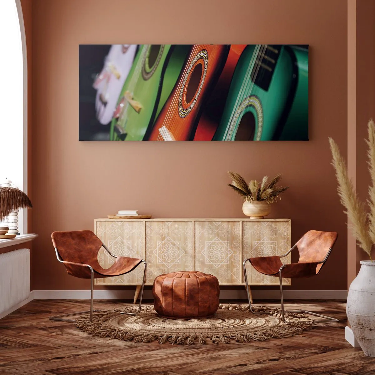 Bild auf Leinwand - Leinwandbild - Bunte Gitarren in verschiedenen Farbtönen in einer Reihe angeordnet - 140x50cm - Die Gitarre hat viele Farben - Moderne Wanddekoration für Wohnzimmer und Schlafzimmer ARTTOR
