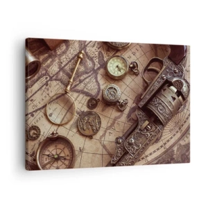 Bild auf Leinwand - Leinwandbild - Antike Gegenstände auf einer alten Karte im Retro-Stil - 70x50cm - Das Abenteuer ruft - Moderne Wanddekoration für Wohnzimmer und Schlafzimmer ARTTOR