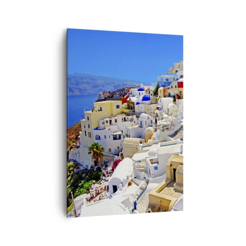Bild auf Leinwand - Leinwandbild - Panorama von Santorini mit weißen Häusern und blauem Himmel - 70x100cm - Der Traum vom griechischen Sommer - Moderne Wanddekoration für Wohnzimmer und Schlafzimmer ARTTOR