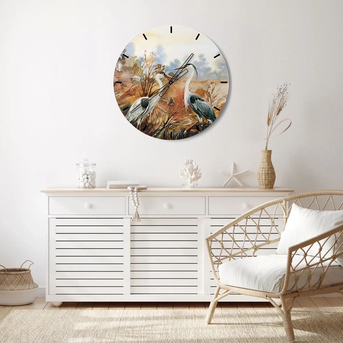 Wanduhr - Glasuhr - Zwei Kraniche in einer herbstlichen Aquarelllandschaft - 30x30cm - Wohin im Herbst? - Moderne Wanddekoration für Wohnzimmer, Küche und Schlafzimmer ARTTOR