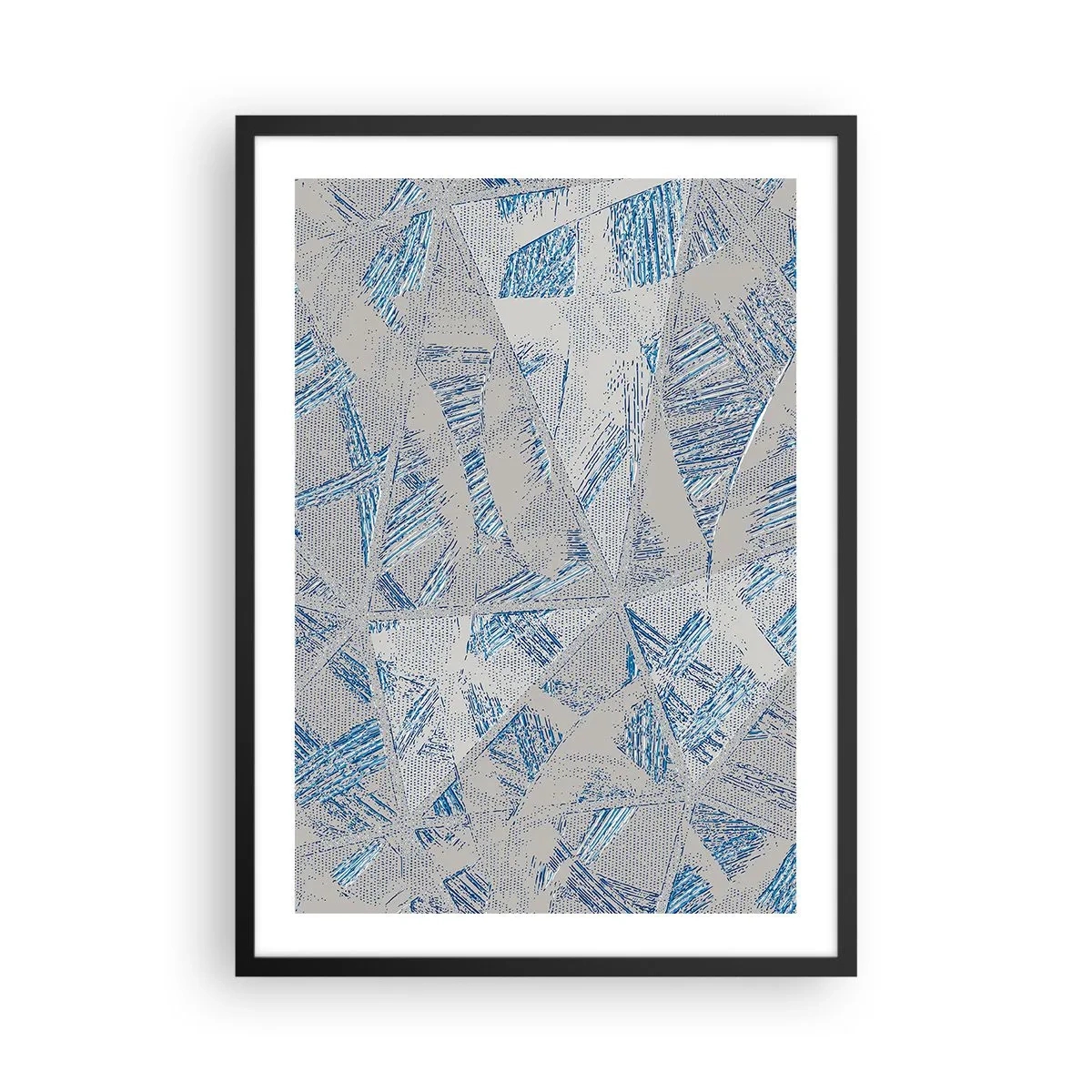 Poster in einem schwarzem Rahmen - Geometrische Abstraktion in Blau- und Grautönen - 50x70cm - In einem blaugrauen Labyrinth - Moderne Wanddekoration für Wohnzimmer und Schlafzimmer ARTTOR