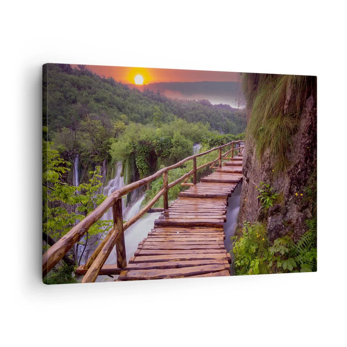 Bild auf Leinwand - Leinwandbild - Eine Brücke mit Blick auf die Wasserfälle bei Sonnenuntergang - 70x50cm - Schönheit jenseits des Glaubens - Moderne Wanddekoration für Wohnzimmer und Schlafzimmer ARTTOR