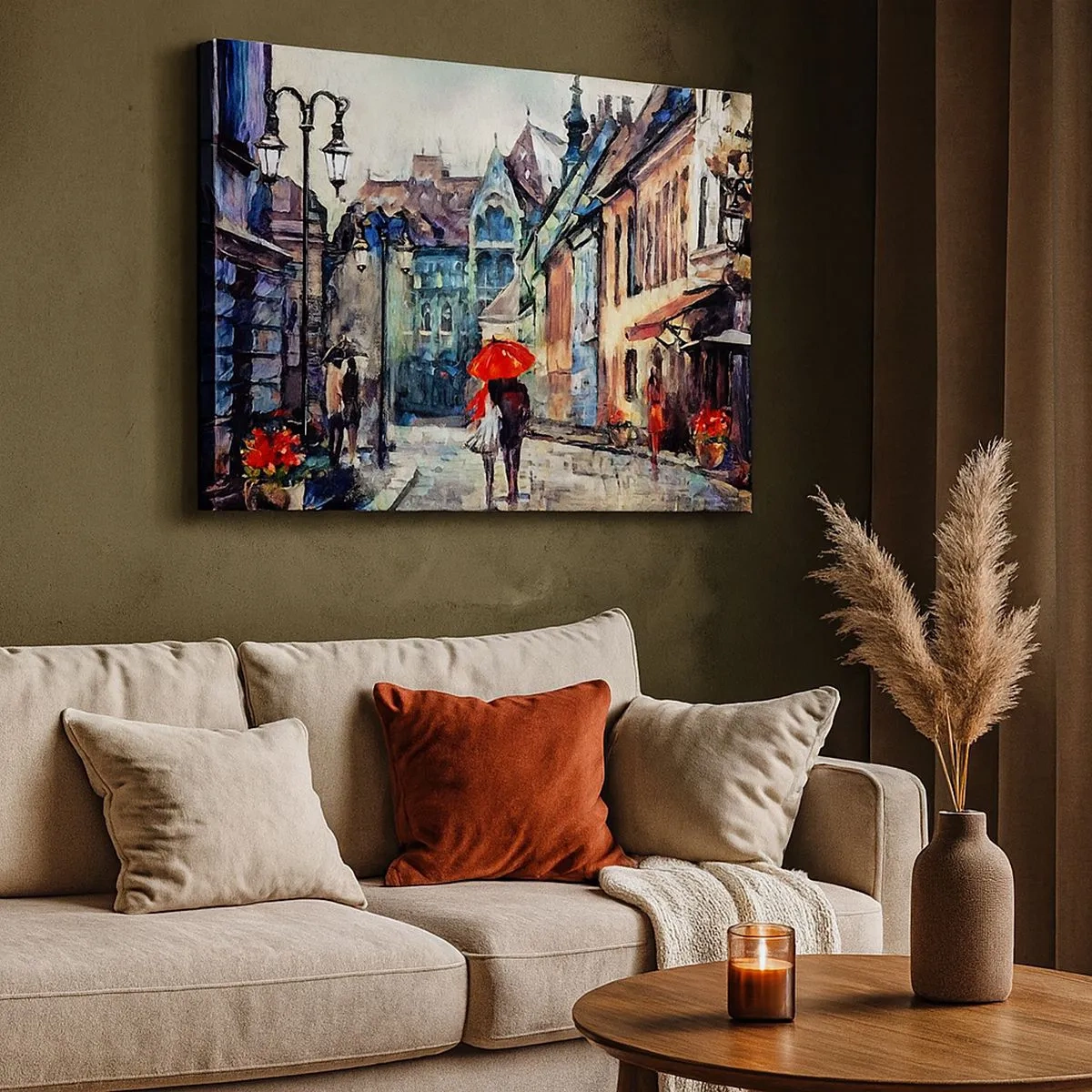 Bild auf Leinwand - Leinwandbild - Eine charmante Stadtstraße mit einem Paar unter einem roten Regenschirm - 70x50cm - Regen für Zwei - Moderne Wanddekoration für Wohnzimmer und Schlafzimmer ARTTOR
