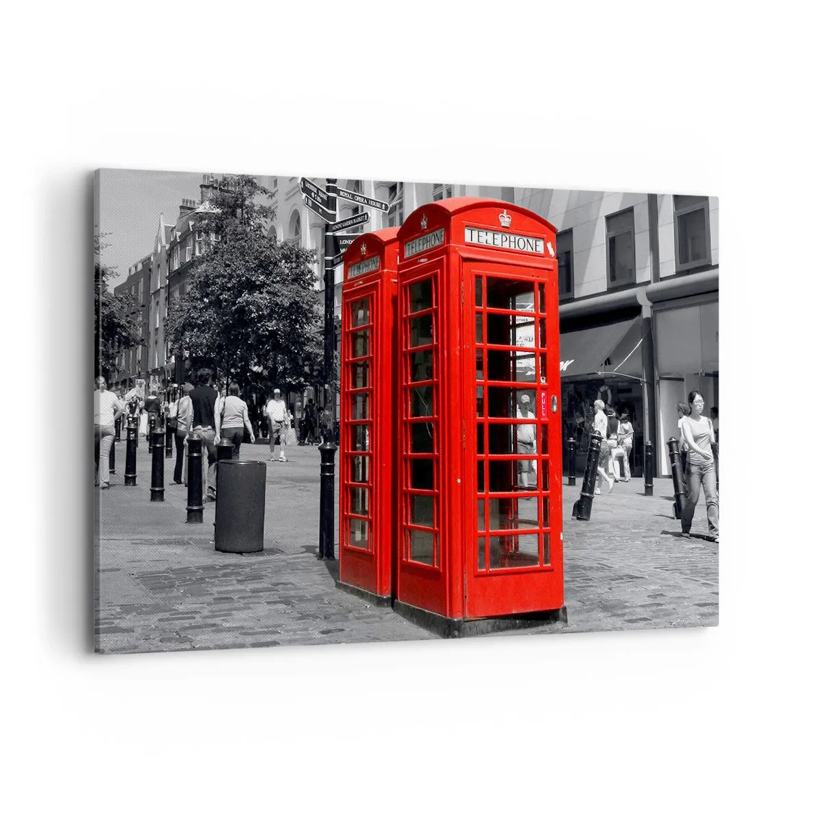 Bild auf Leinwand - Leinwandbild - Rote Telefonzellen vor einer schwarz-weißen Stadtkulisse. - 120x80cm - Rote Telefonzellen - Moderne Wanddekoration für Wohnzimmer und Schlafzimmer ARTTOR