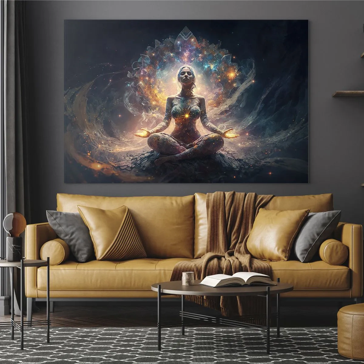 Glasbild - Bild auf glas - Eine meditierende Frau in einer leuchtenden Aura aus Energie und Farbe - 70x50cm - Fluss guter Energie - Moderne Wanddekoration für Wohnzimmer und Schlafzimmer ARTTOR