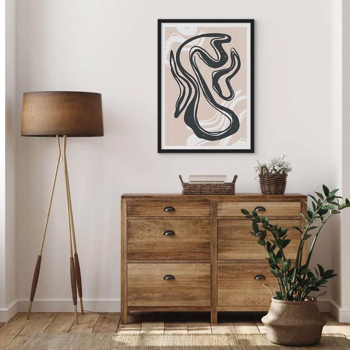 Poster in einem schwarzem Rahmen - Abstrakte Linie auf beigem Hintergrund - 50x70cm - Vervielfachter Ausdruck - Moderne Wanddekoration für Wohnzimmer und Schlafzimmer ARTTOR