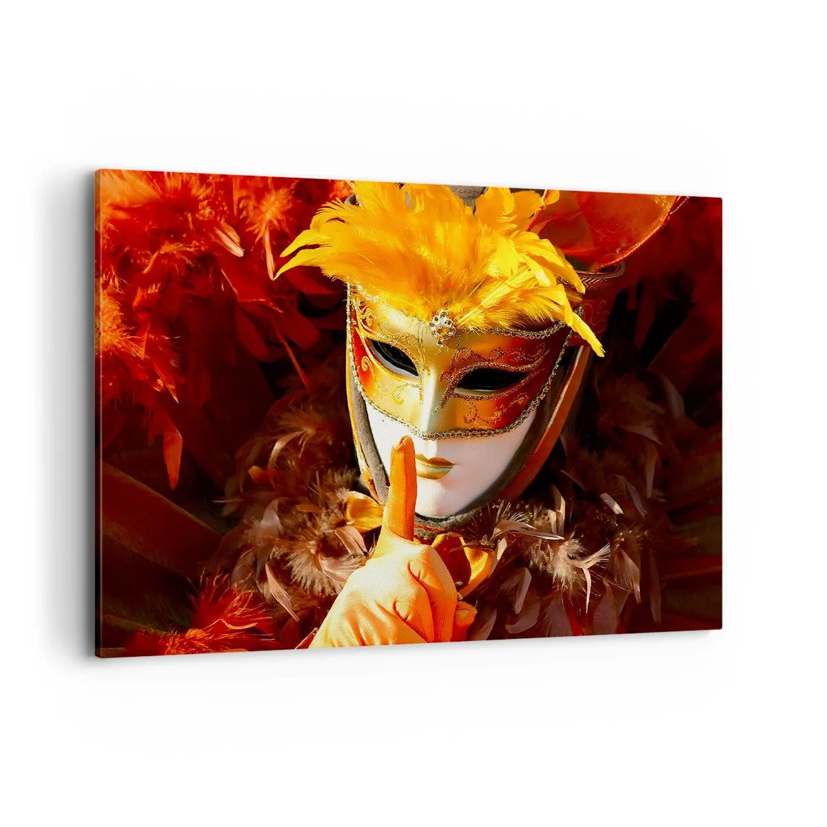 Bild auf Leinwand - Leinwandbild - Karnevalsmaske in Gold- und Orangetönen - 100x70cm - Geheimnis ist Teil des Spiels - Moderne Wanddekoration für Wohnzimmer und Schlafzimmer ARTTOR