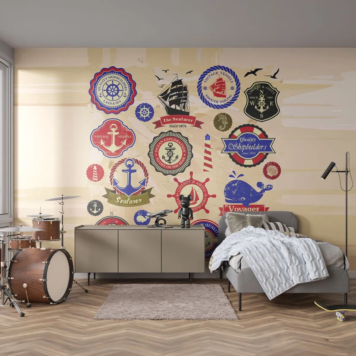 Fototapete Premium Sand - Satz von Vintage-nautischen Emblemen auf einem beigen Hintergrund - 100x70cm - Segelbruderschaft - Moderne Wanddekoration für Wohnzimmer und Schlafzimmer ARTTOR